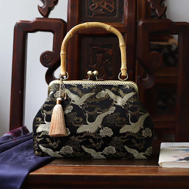 Buddha Stones Dragonfly Crane Bamboo Leaves Plum Blossom Bamboo Handles Handbag