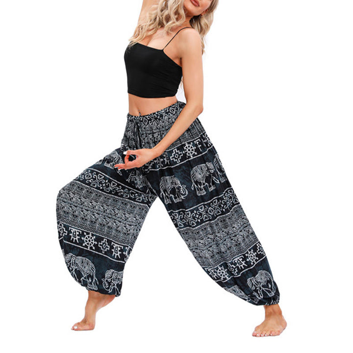 Buddha Stones Elephant Geometry Pattern Casual Loose Harem Trousers Women's Yoga Pants - Black-US4-8/10，UK/AU8-12/14，EU36-40/42 (F) - image 8