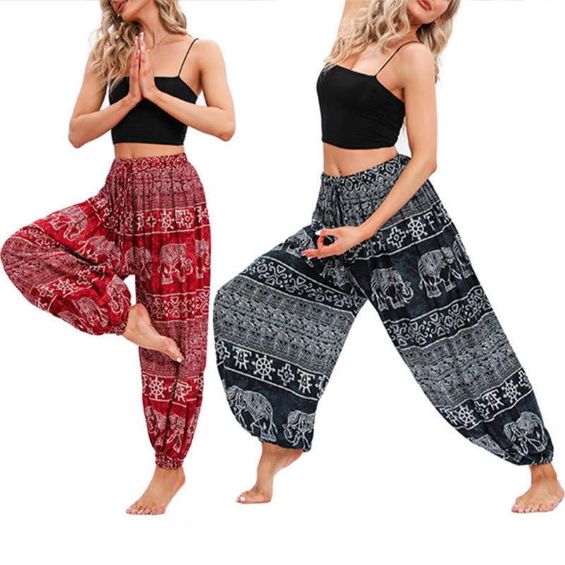 Buddha Stones Elephant Geometry Pattern Casual Loose Harem Trousers Wo uk.buddhastoneshop