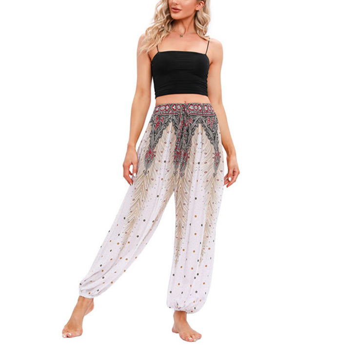 Buddha Stones Peacock Feather Pattern Loose Harem Trousers Women's Yoga Pants