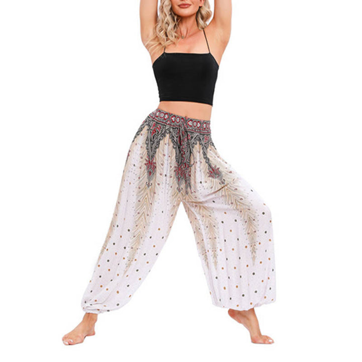 Buddha Stones Peacock Feather Pattern Loose Harem Trousers Women's Yoga Pants