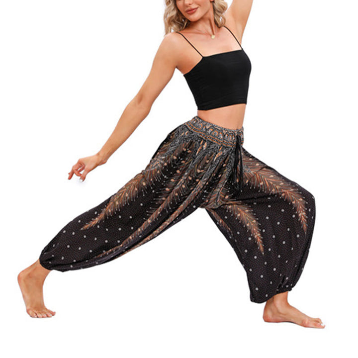 Buddha Stones Peacock Feather Pattern Loose Harem Trousers Women's Yoga Pants