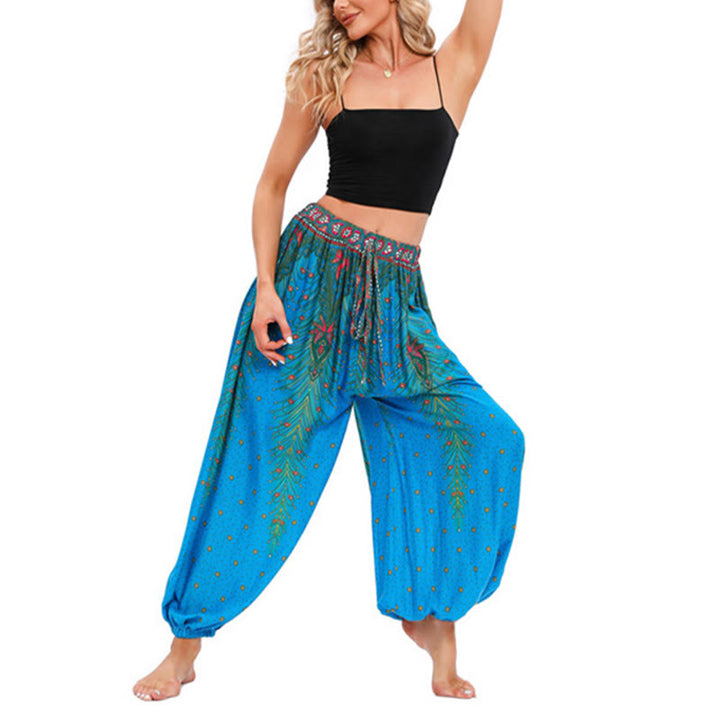 Buddha Stones Peacock Feather Pattern Loose Harem Trousers Women's Yoga Pants