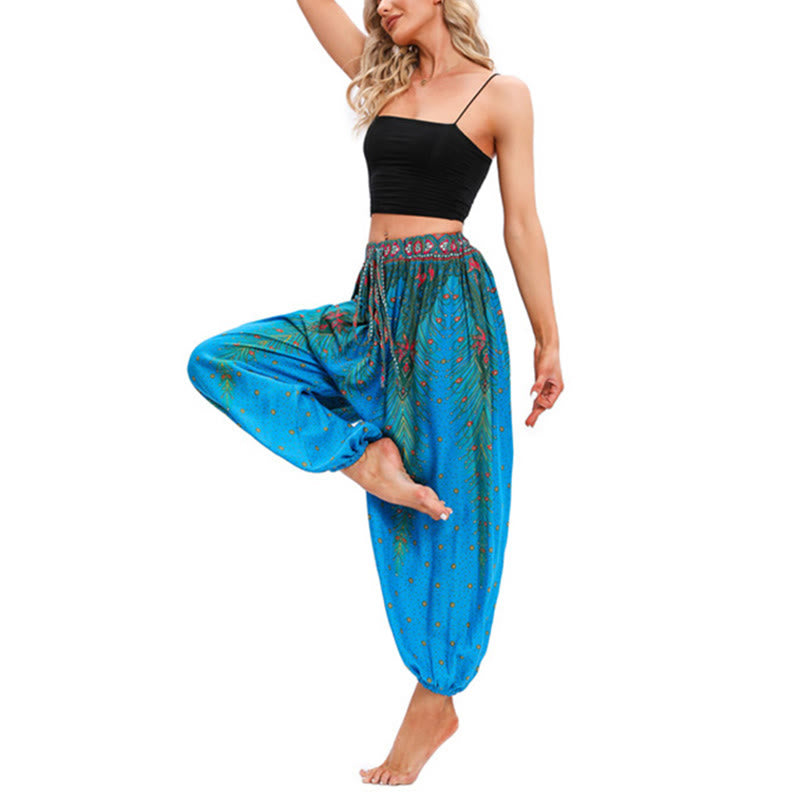 Buddha Stones Peacock Feather Pattern Loose Harem Trousers Women's Yoga Pants