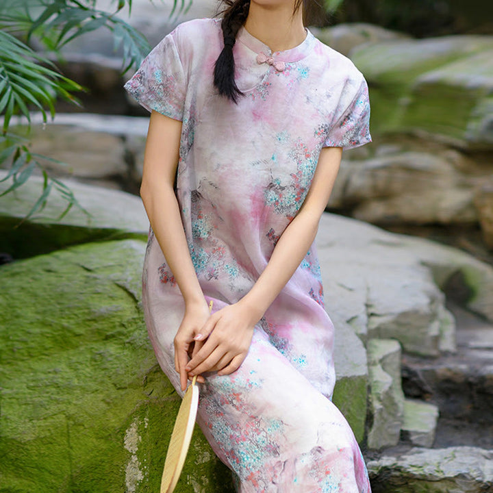 Buddha Stones Flowers Plant Short Sleeve Ramie Linen Chinese Cheongsam Midi Dress With Pockets