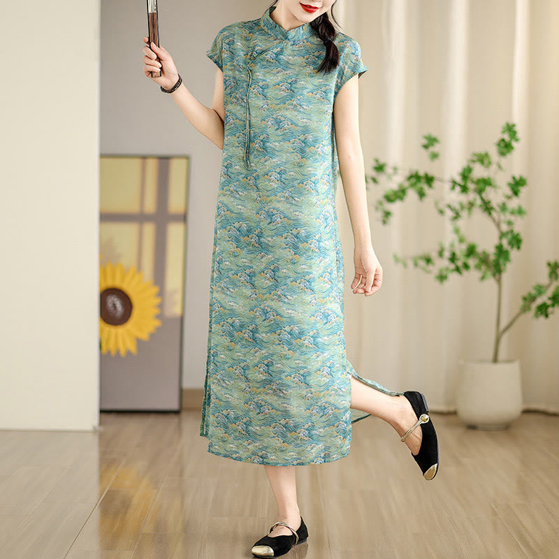 Buddha Stones Green Ocean Waves Pink Flowers Print Cheongsam Midi Dress Short Sleeve Dress