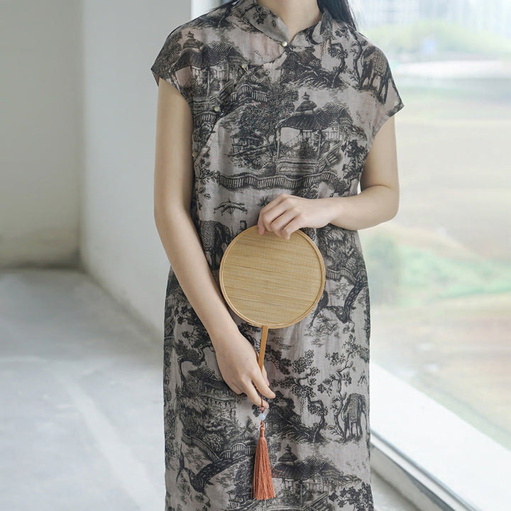 Buddha Stones Zen Garden Pavilion Tree Short Sleeve Ramie Linen Chinese Cheongsam Midi Dress With Pockets