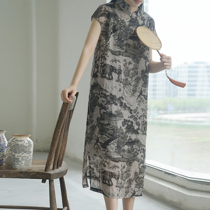 Buddha Stones Zen Garden Pavilion Tree Short Sleeve Ramie Linen Chinese Cheongsam Midi Dress With Pockets