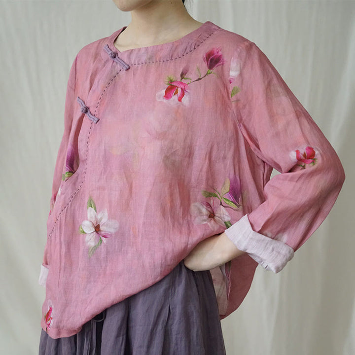 Buddha Stones Pink Flowers Branch Ramie Linen Long Sleeve Tee T-shirt