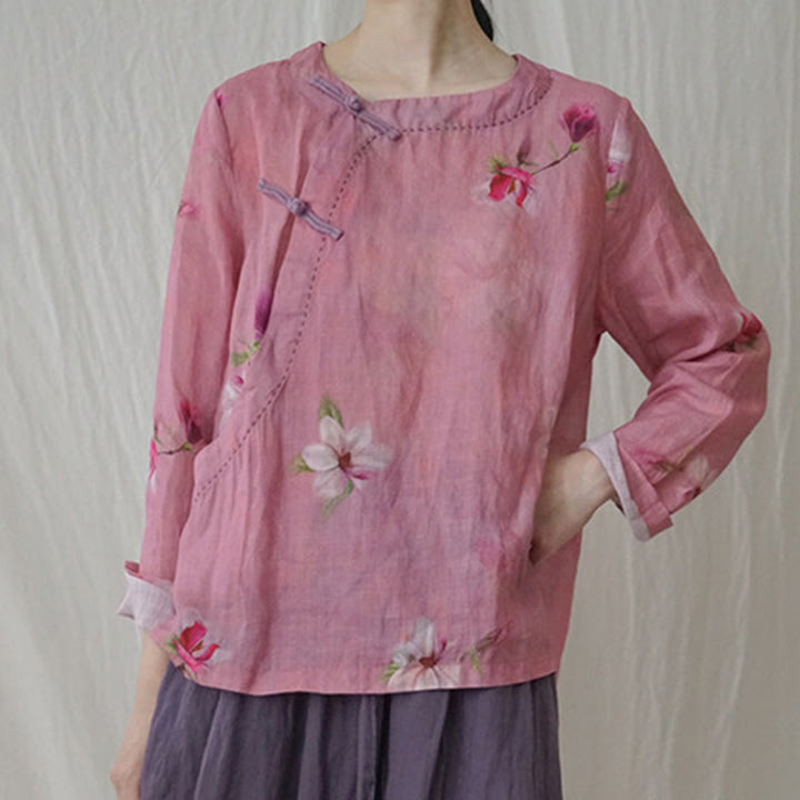 Buddha Stones Pink Flowers Branch Ramie Linen Long Sleeve Tee T-shirt