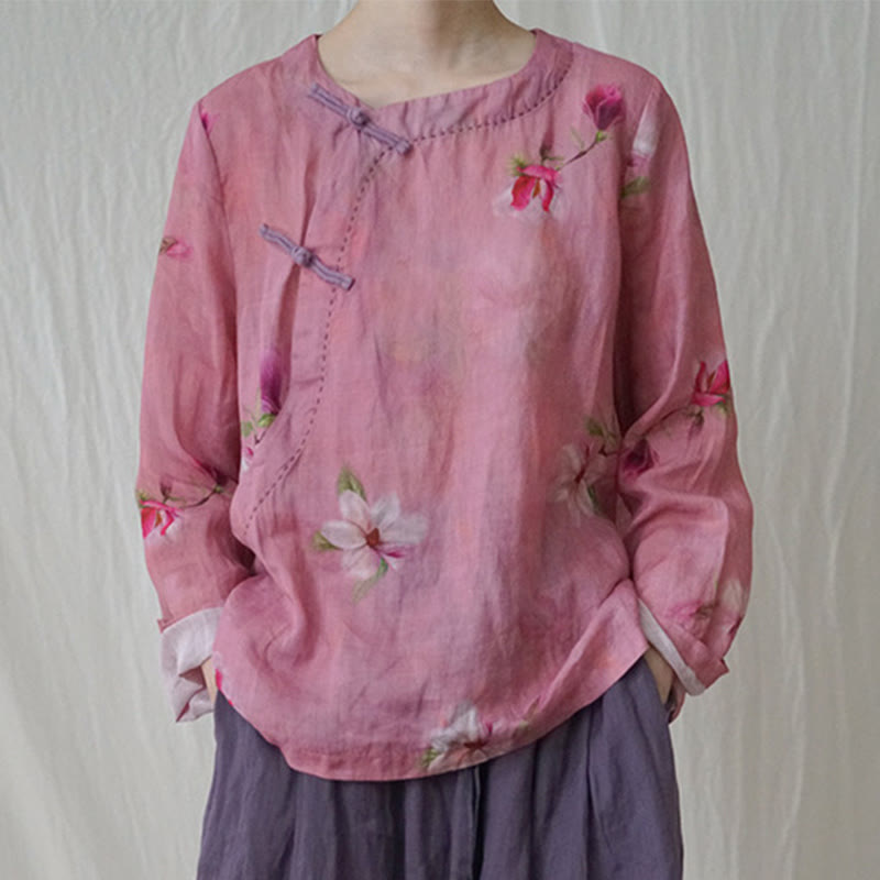 Buddha Stones Pink Flowers Branch Ramie Linen Long Sleeve Tee T-shirt