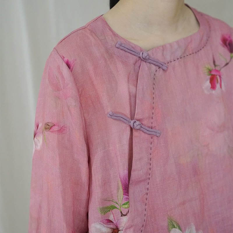 Buddha Stones Pink Flowers Branch Ramie Linen Long Sleeve Tee T-shirt