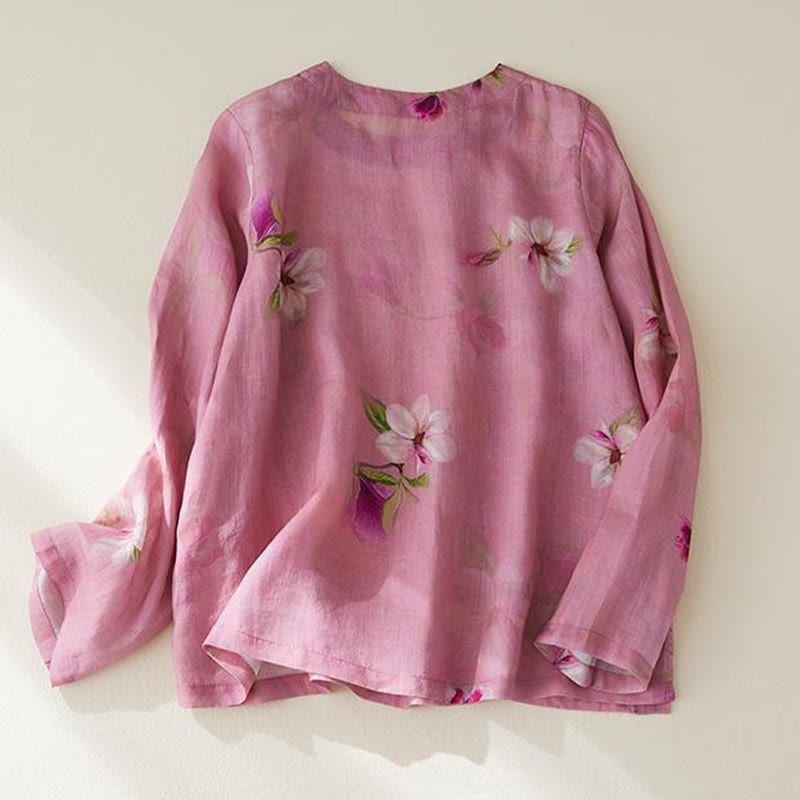 Buddha Stones Pink Flowers Branch Ramie Linen Long Sleeve Tee T-shirt