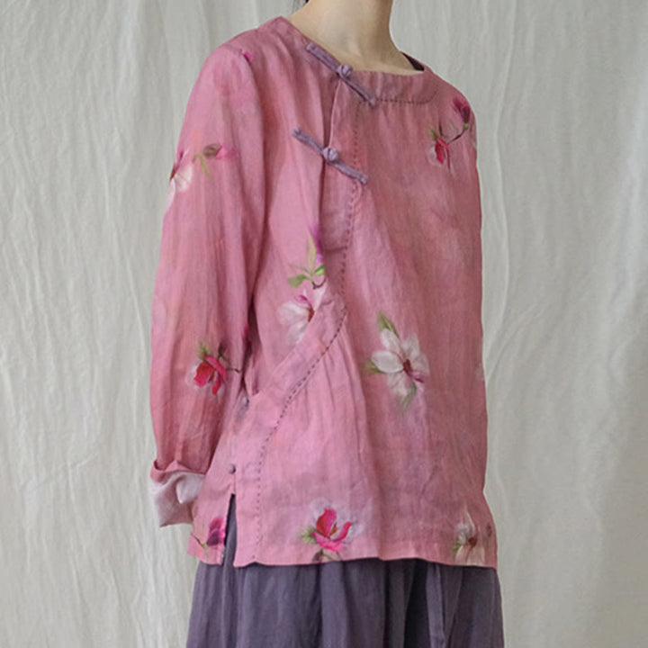 Buddha Stones Pink Flowers Branch Ramie Linen Long Sleeve Tee T-shirt