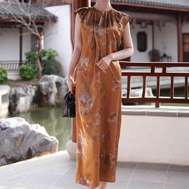 Buddha Stones Golden Rose Flowers Print Acetic Acid Midi Dress Sleeveless Acetate Dress