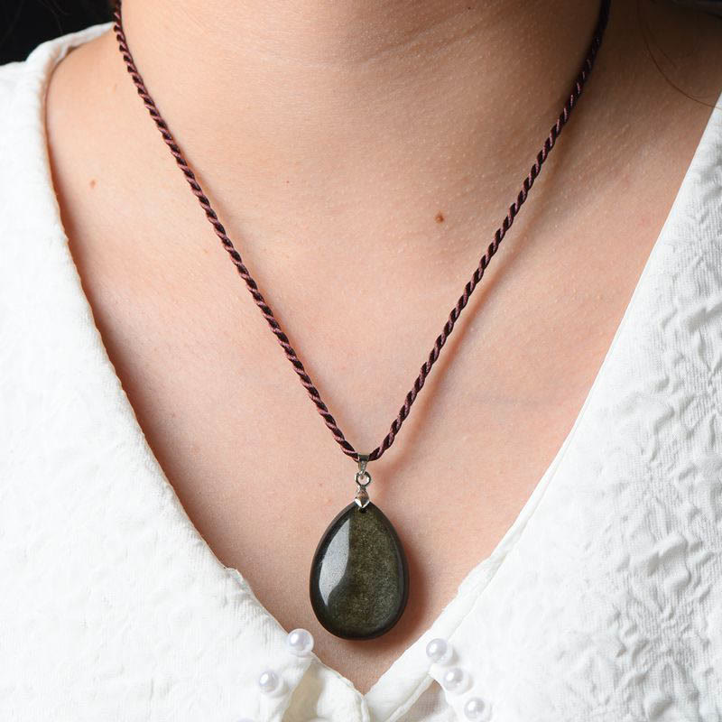 Buddha Stones Gold Sheen Obsidian Black Obsidian Rainbow Obsidian Wealth Water Drop Necklace Pendant