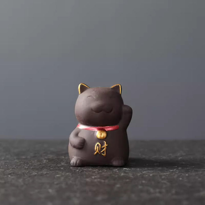 Buddha Stones Mini Lucky Cat Wealth Tea Pet Purple Clay Figurine Decoration - Black 4*3.8*5.5cm - image 4