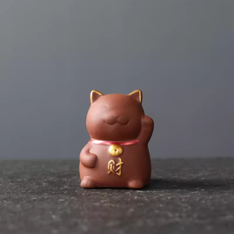 Buddha Stones Mini Lucky Cat Wealth Tea Pet Purple Clay Figurine Decoration - Red 4*3.8*5.5cm - image 1