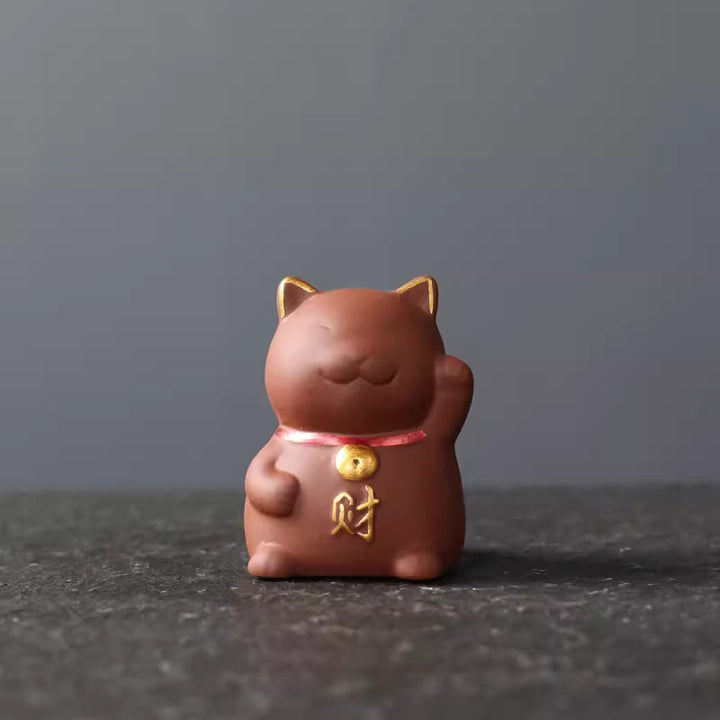 Buddha Stones Mini Lucky Cat Wealth Tea Pet Purple Clay Figurine Decoration - Red 4*3.8*5.5cm - image 1