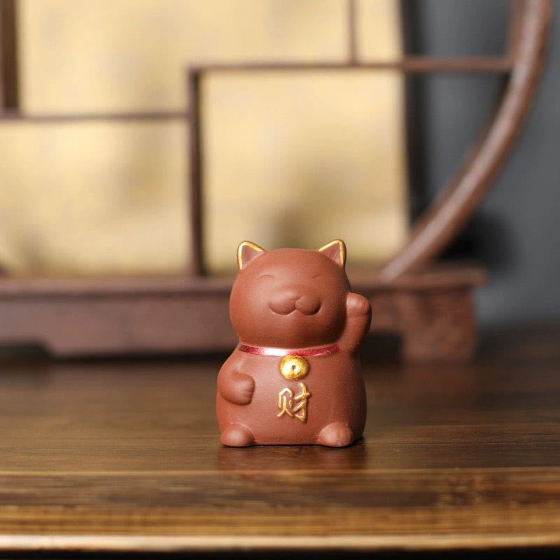 Buddha Stones Mini Lucky Cat Wealth Tea Pet Purple Clay Figurine Decoration - image 1