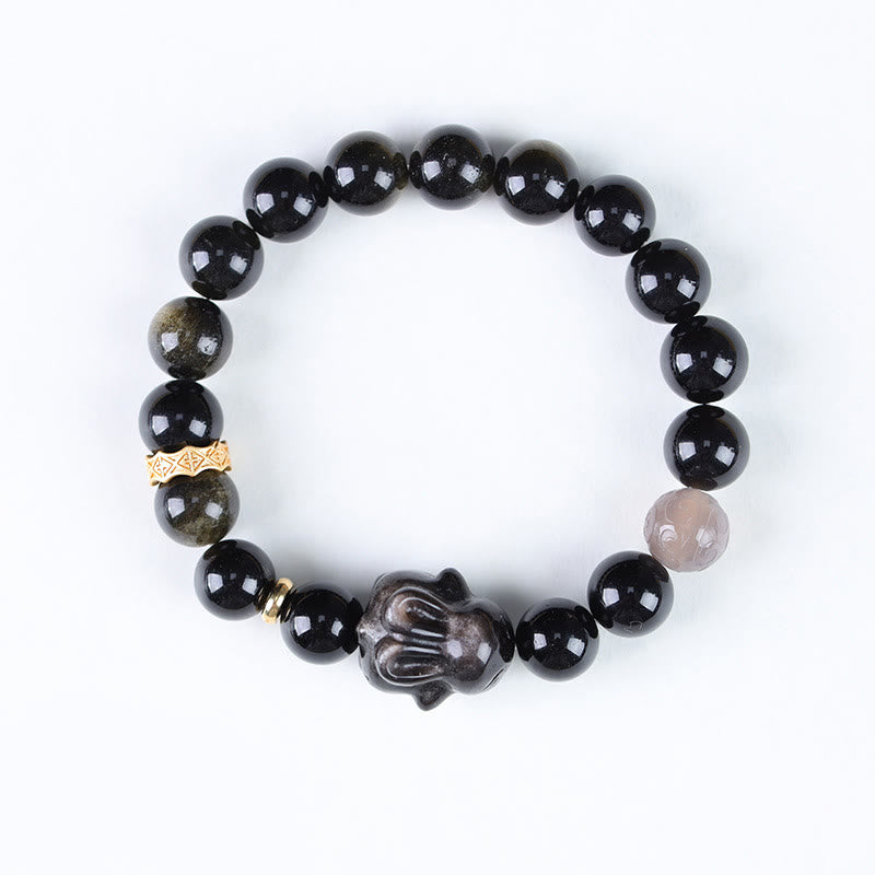 Buddha Stones Gold Sheen Obsidian Black Obsidian Silver Sheen Obsidian Cute Rabbit Protection Bracelet