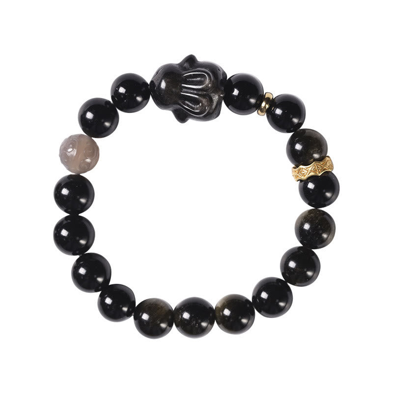 Buddha Stones Gold Sheen Obsidian Black Obsidian Silver Sheen Obsidian Cute Rabbit Protection Bracelet