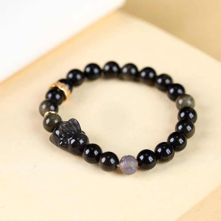 FREE Today: Keep Positive Gold Sheen Obsidian Black Obsidian Silver Sheen Obsidian Cute Rabbit Protection Bracelet