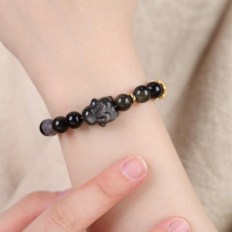 FREE Today: Keep Positive Gold Sheen Obsidian Black Obsidian Silver Sheen Obsidian Cute Rabbit Protection Bracelet