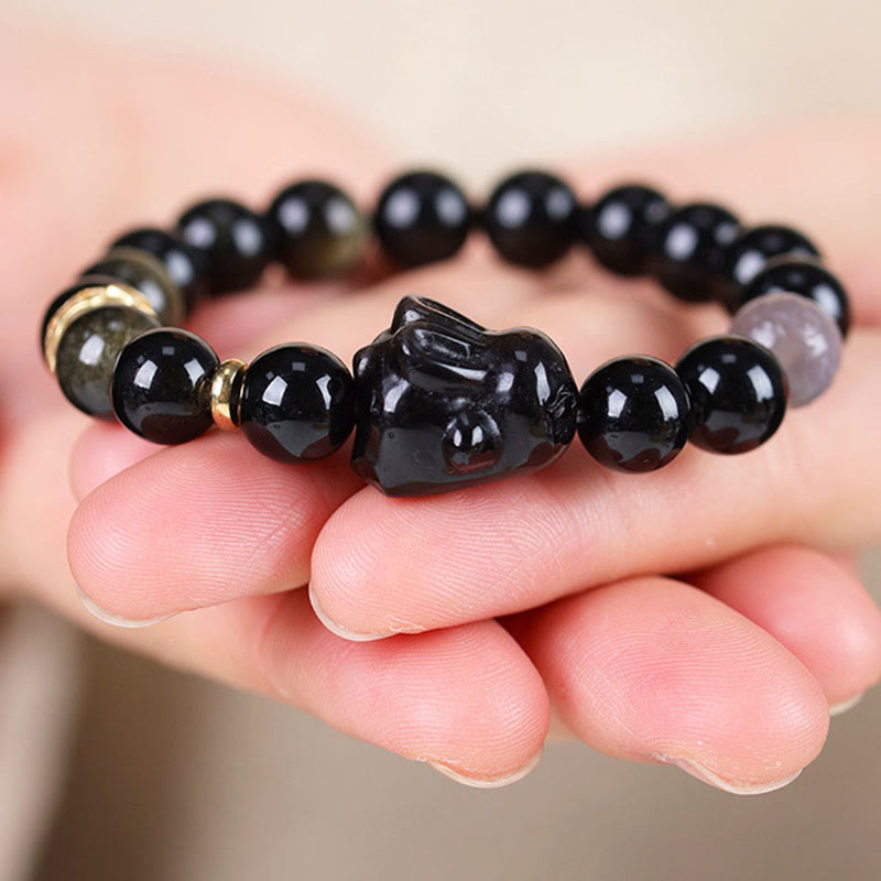 FREE Today: Keep Positive Gold Sheen Obsidian Black Obsidian Silver Sheen Obsidian Cute Rabbit Protection Bracelet