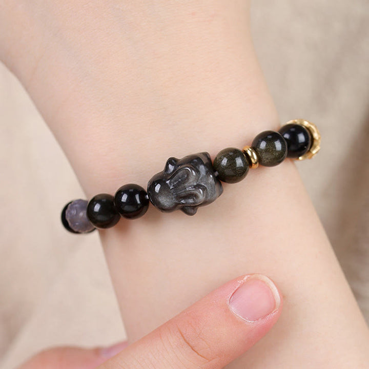 FREE Today: Keep Positive Gold Sheen Obsidian Black Obsidian Silver Sheen Obsidian Cute Rabbit Protection Bracelet