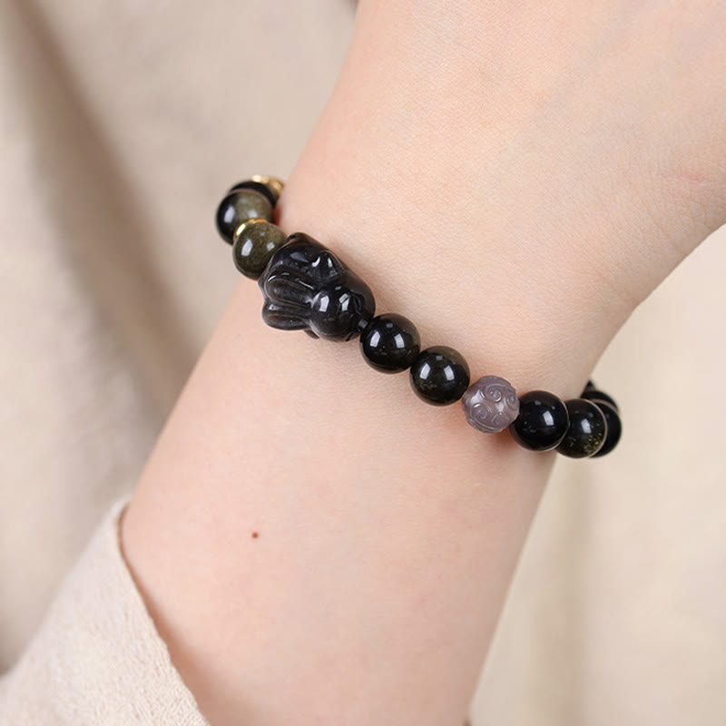 FREE Today: Keep Positive Gold Sheen Obsidian Black Obsidian Silver Sheen Obsidian Cute Rabbit Protection Bracelet