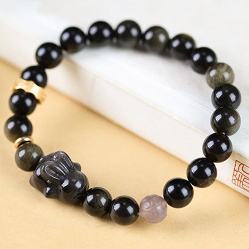 FREE Today: Keep Positive Gold Sheen Obsidian Black Obsidian Silver Sheen Obsidian Cute Rabbit Protection Bracelet