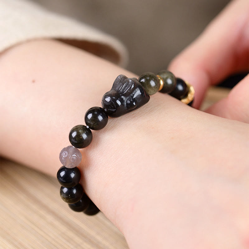 FREE Today: Keep Positive Gold Sheen Obsidian Black Obsidian Silver Sheen Obsidian Cute Rabbit Protection Bracelet