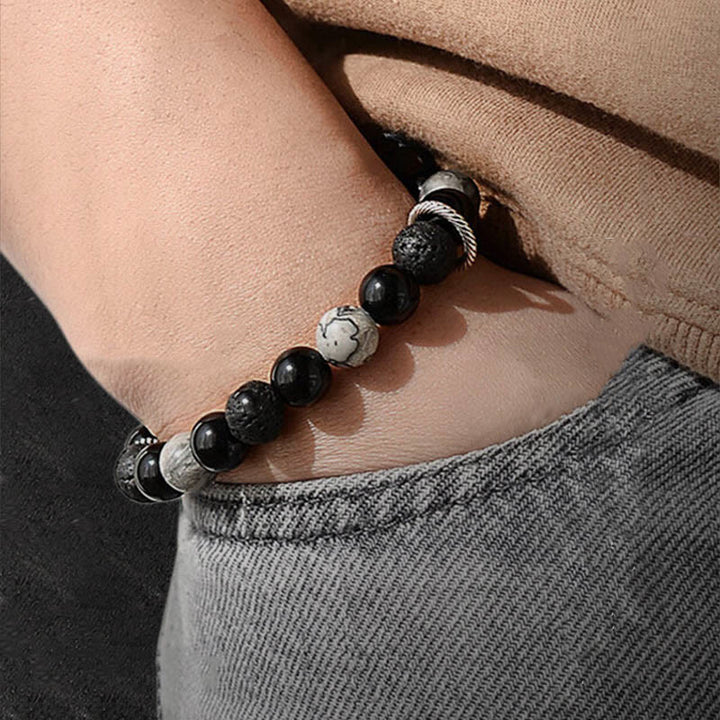 Buddha Stones Vintage Lava Rock Black Obsidian Picasso Jasper Beads Support Rope Bracelet