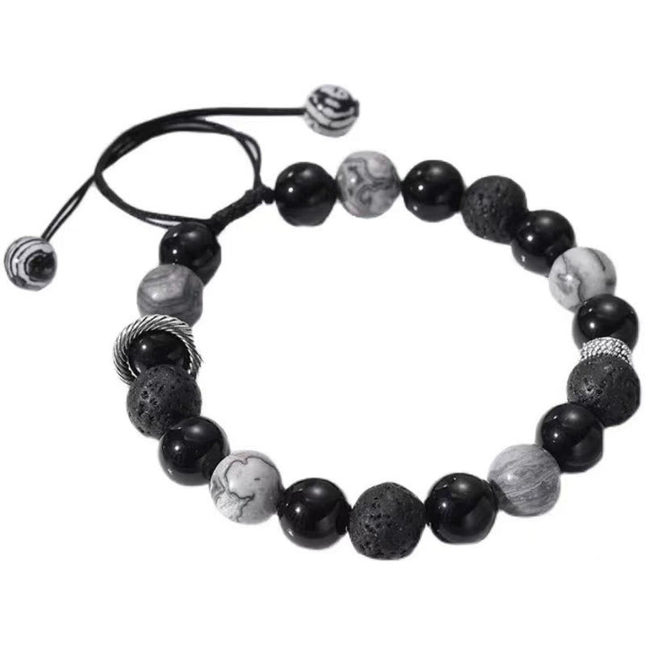 Buddha Stones Vintage Lava Rock Black Obsidian Picasso Jasper Beads Support Rope Bracelet