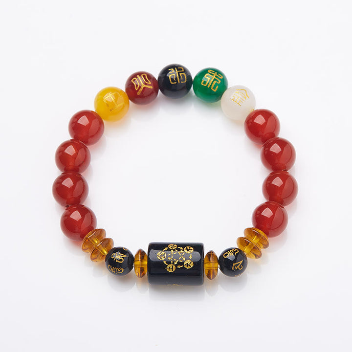 Buddha Stones Five Elements Black Onyx Red Agate Wisdom Wealth Bracelet