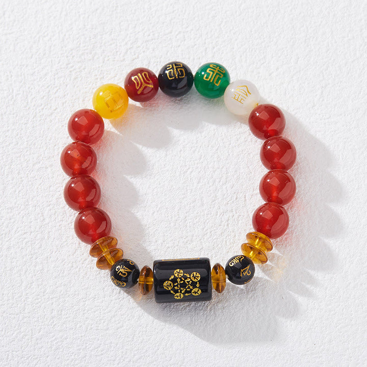 Buddha Stones Five Elements Black Onyx Red Agate Wisdom Wealth Bracelet