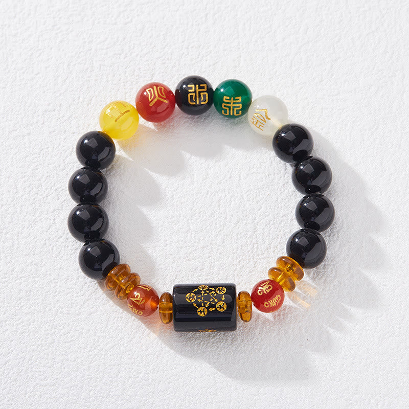 Buddha Stones Five Elements Black Onyx Red Agate Wisdom Wealth Bracelet