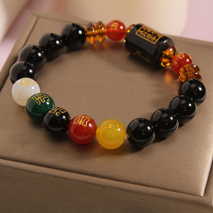 Buddha Stones Five Elements Black Onyx Red Agate Wisdom Wealth Bracelet