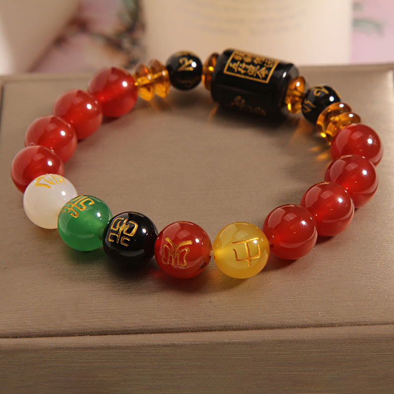 Buddha Stones Five Elements Black Onyx Red Agate Wisdom Wealth Bracelet