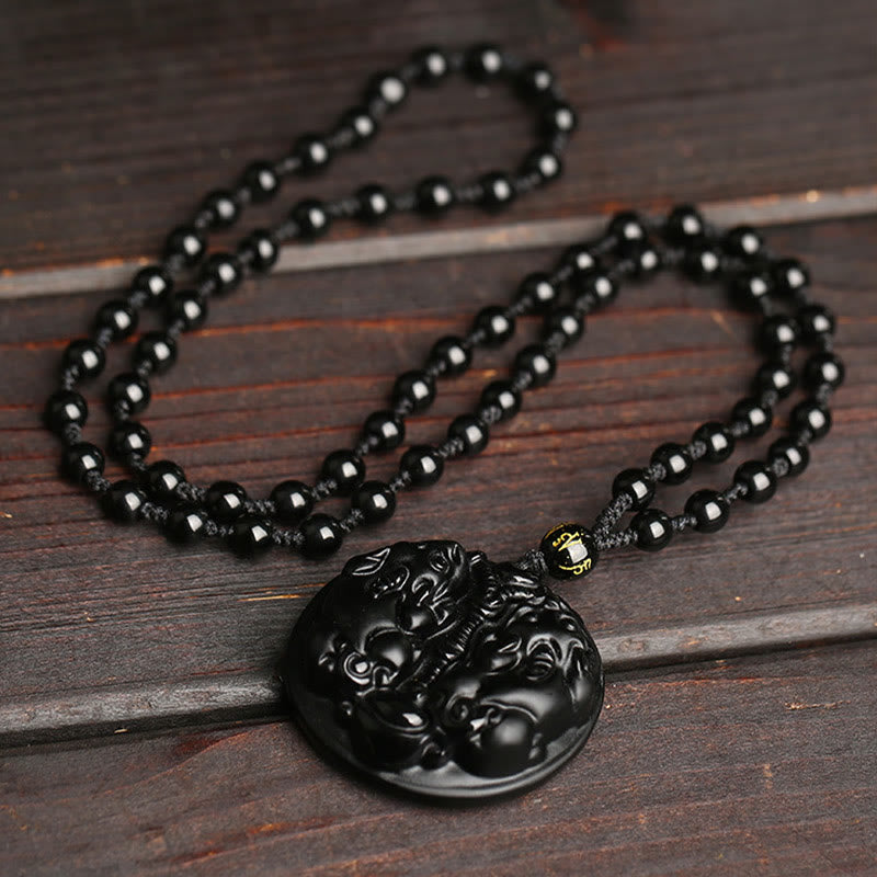 Buddha Stones Black Obsidian Double Pixiu Bead Rope Purification Necklace Pendant