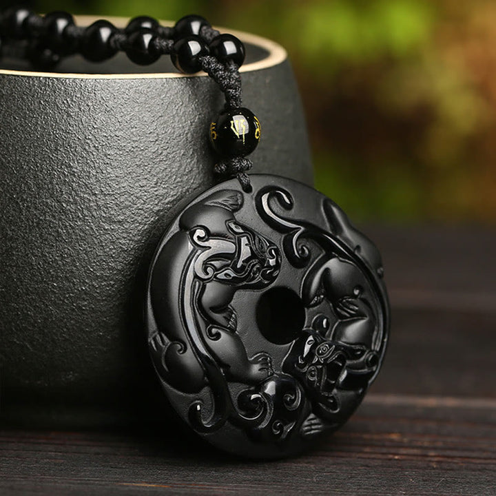 Buddha Stones Natural Black Obsidian Peace Buckle Pixiu Bead Rope Strength Necklace Pendant