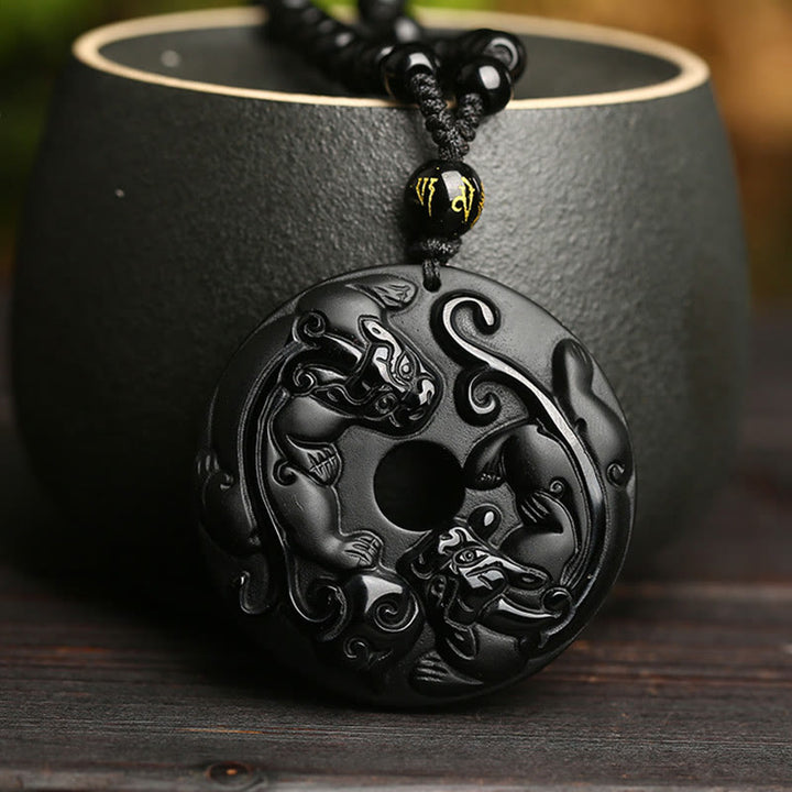 Buddha Stones Natural Black Obsidian Peace Buckle Pixiu Bead Rope Strength Necklace Pendant