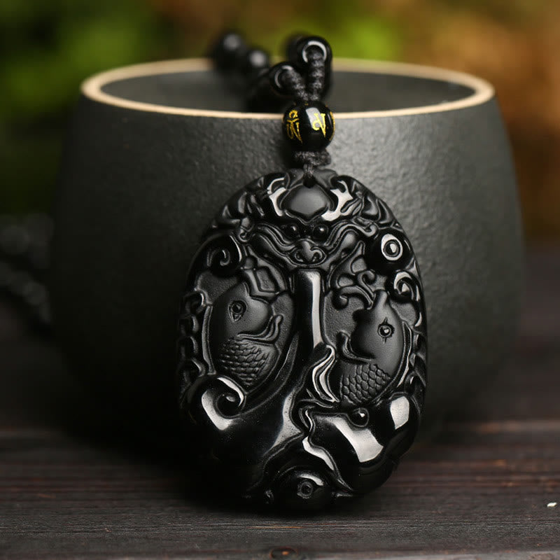 Buddha Stones Black Obsidian Koi Fish Bead Rope Fulfilment Strength Necklace Pendant