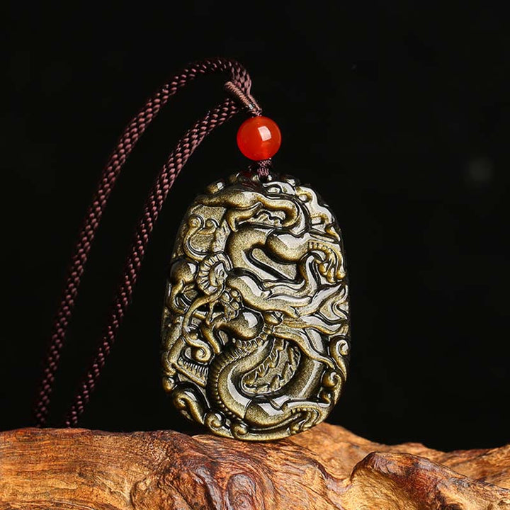 Buddha Stones Gold Sheen Obsidian Dragon Pattern Success Necklace Pendant