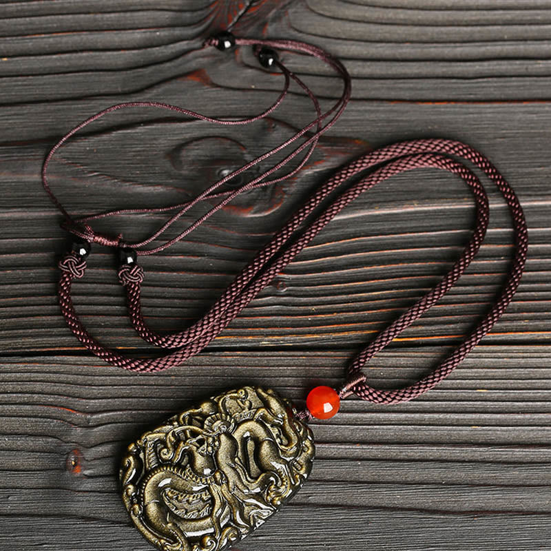 Buddha Stones Gold Sheen Obsidian Dragon Pattern Success Necklace Pendant - image 3