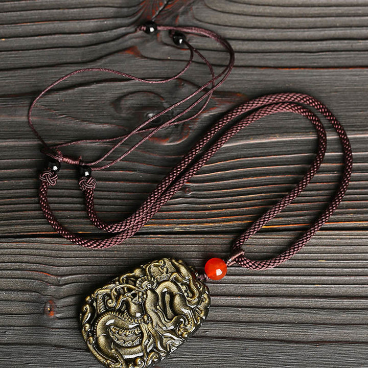Buddha Stones Gold Sheen Obsidian Dragon Pattern Success Necklace Pendant - image 3