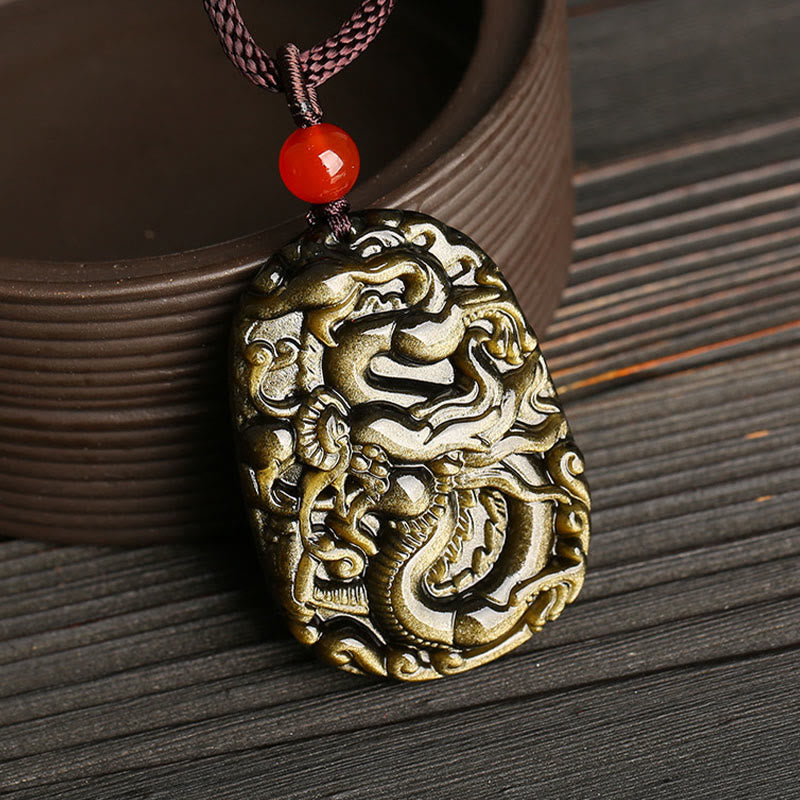 Buddha Stones Gold Sheen Obsidian Dragon Pattern Success Necklace Pendant - image 2