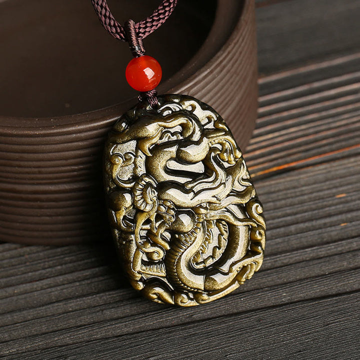 Buddha Stones Gold Sheen Obsidian Dragon Pattern Success Necklace Pendant