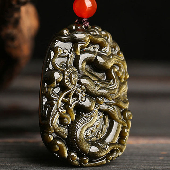 Buddha Stones Gold Sheen Obsidian Dragon Pattern Success Necklace Pendant - image 4